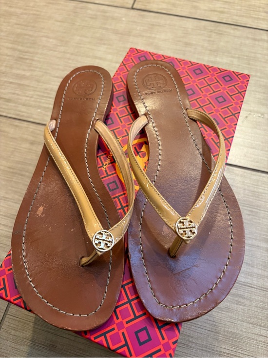 Tory Burch Shoes - Tory Burch Tan and Brown Logo Thong Sandals